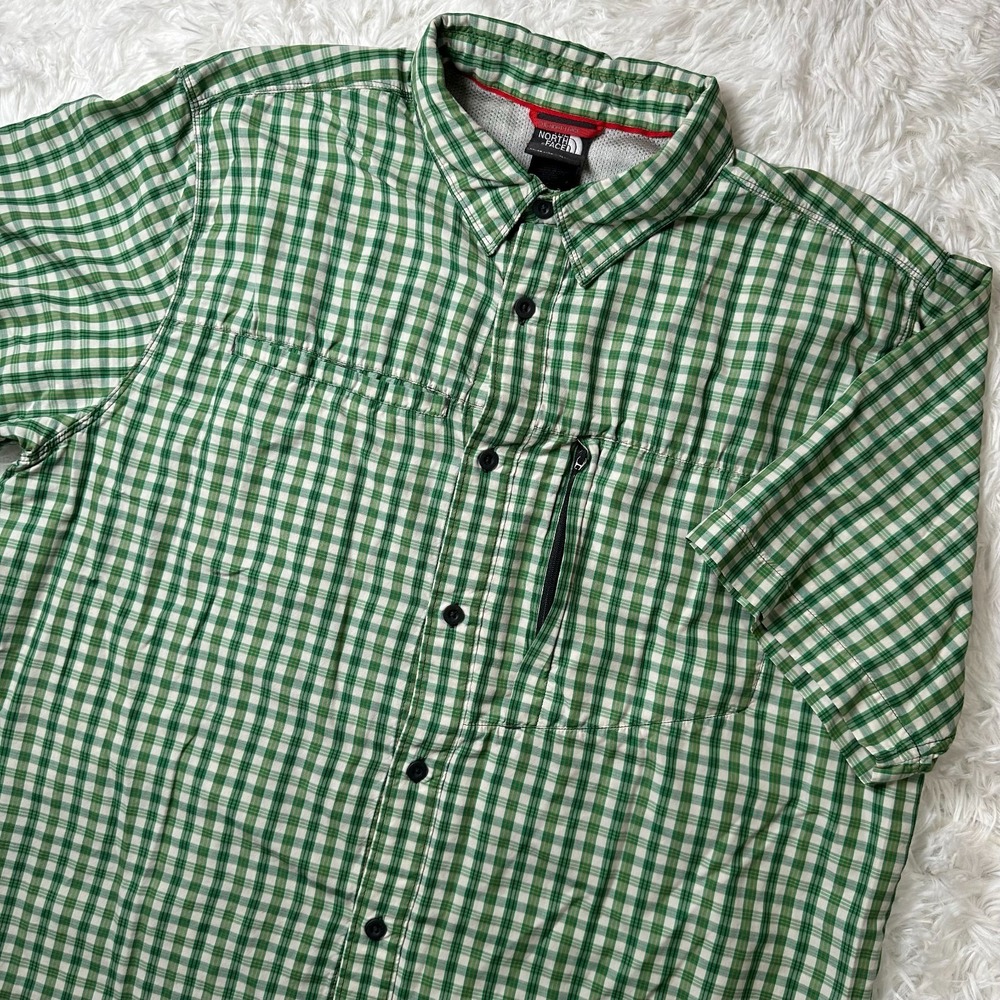 The North Face Mens XL FlashDry Plaid Short Sleeve Button Up Hiking Shirt Green